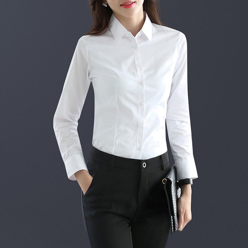 大码胖mm纯棉府绸白衬衫女夏季衬衣薄款职业黑色长袖上衣春秋干练