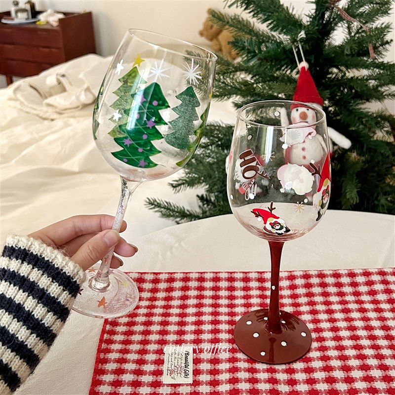 Cutlery  圣诞氛围手绘雪人麋鹿玻璃杯高脚杯高颜值红酒杯蛋杯