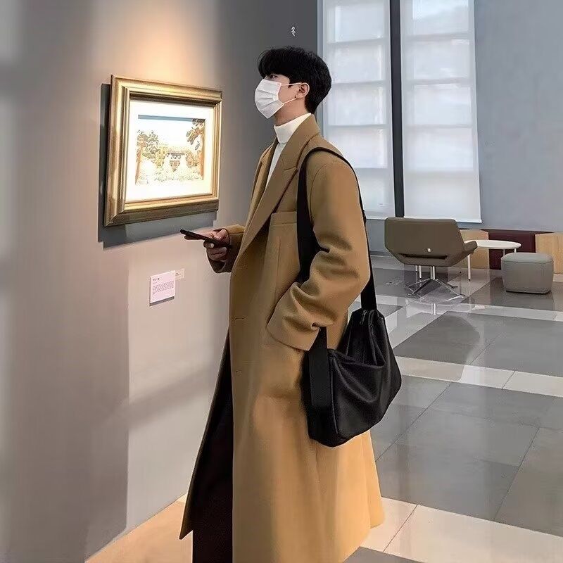 毛呢大衣男冬季单排扣中长款风衣一套搭配男士秋冬款男装呢子外套