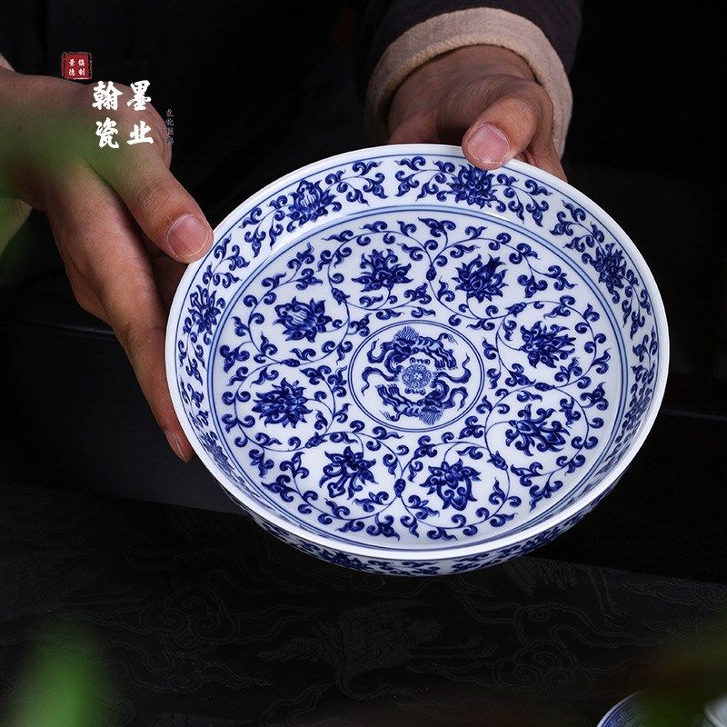景德镇陶瓷仿古泥青花缠枝莲壶承单个干泡台盖碗托盘家用赏盘茶托