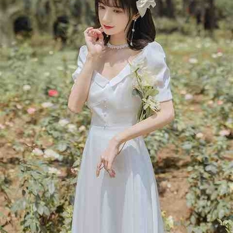 极速甜美法式初恋少女风小白y裙显显高气质白色方领连衣裙夏长裙
