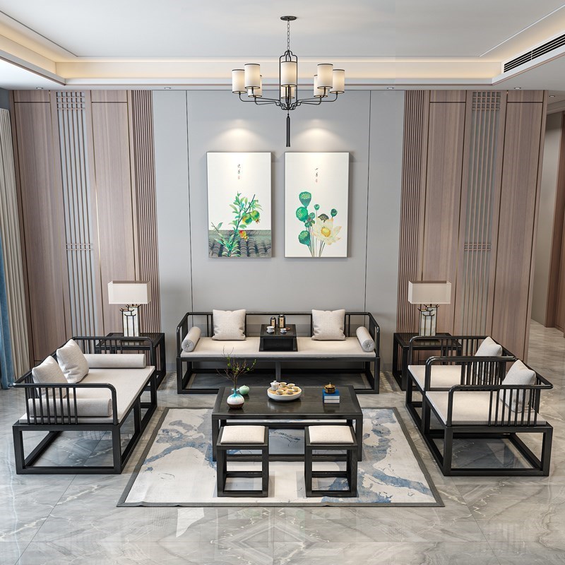 新中式沙发组合客厅铁艺小户型轻奢仿木纹禅意办公室酒店会客茶几