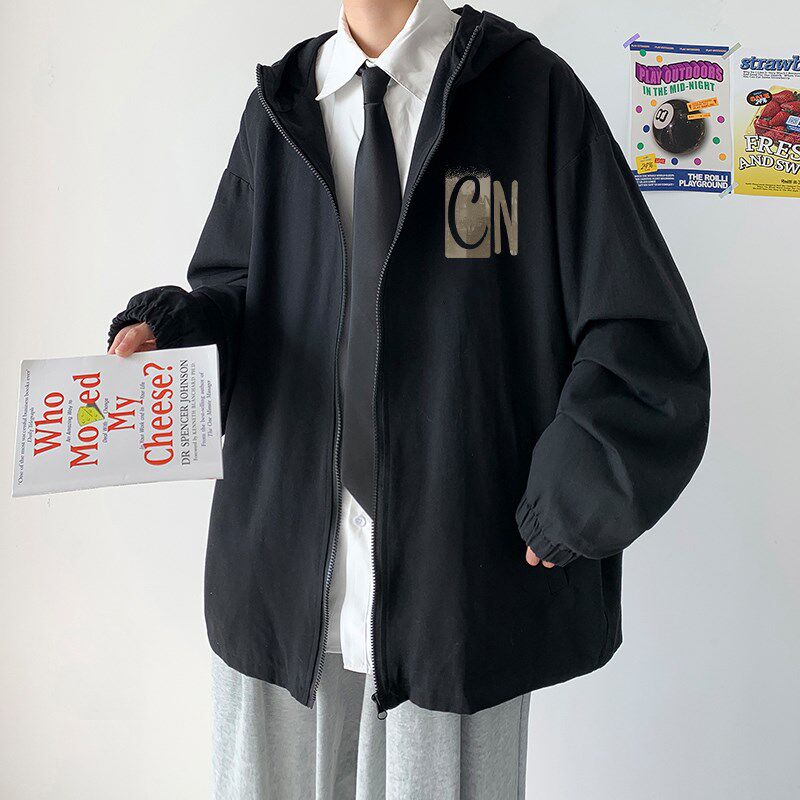 字母印花连帽外套男春季新款ifashion美式胖子夹克宽松大码上衣服