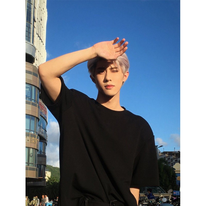 黑色短袖t恤男夏季潮牌宽松廓形半袖体恤oversize大码痞帅7分袖衫