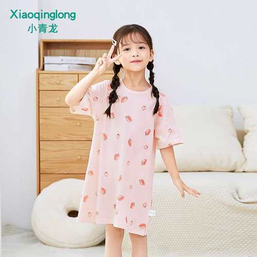 小青龙女童纯棉短袖睡裙夏季新款儿童T恤女孩夏天睡衣裙子家居服