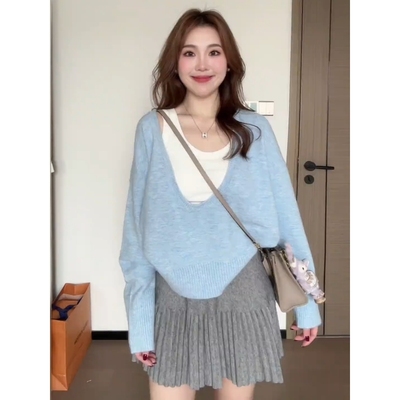 大码女v领针织衫吊带背心半裙三件套一整套胖mm2025超火秋装套装