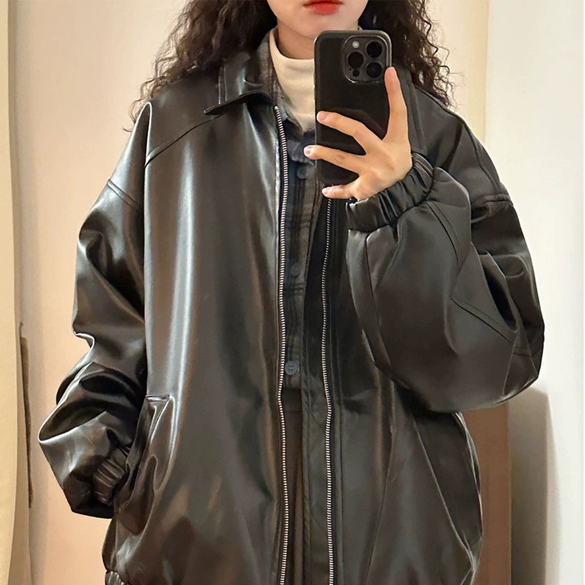 美拉德棕色机车PU皮衣外套