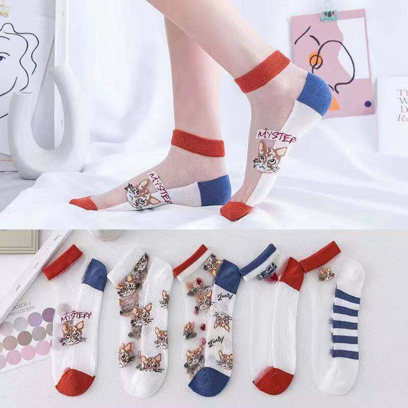 女士夏季可爱猫头卡通玻璃丝短筒透明拼接丝袜不闷透气