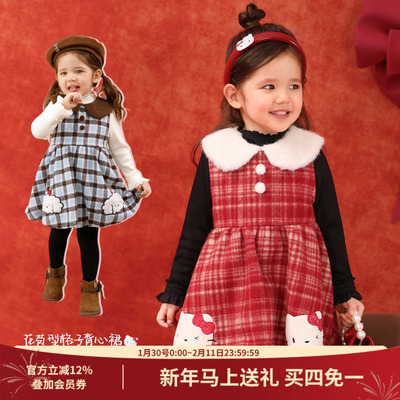 小o爸女婴童 女宝宝红色连衣裙2026冬季新款花苞裙加绒保暖背心裙
