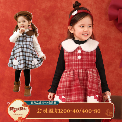 小o爸女婴童 女宝宝红色连衣裙2026冬季新款花苞裙加绒保暖背心裙