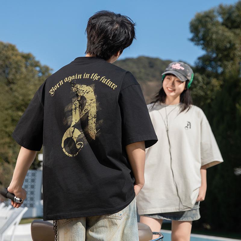 潮牌美式休闲短袖T恤男2025夏季新款哥特字母印花设计情侣体恤衫