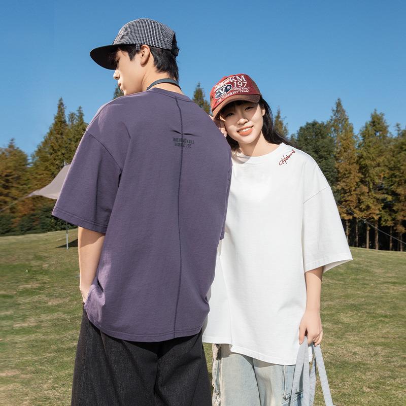 美式休闲撞色刺绣纯棉短袖T恤男情侣夏季新款明线分割设计体恤衫
