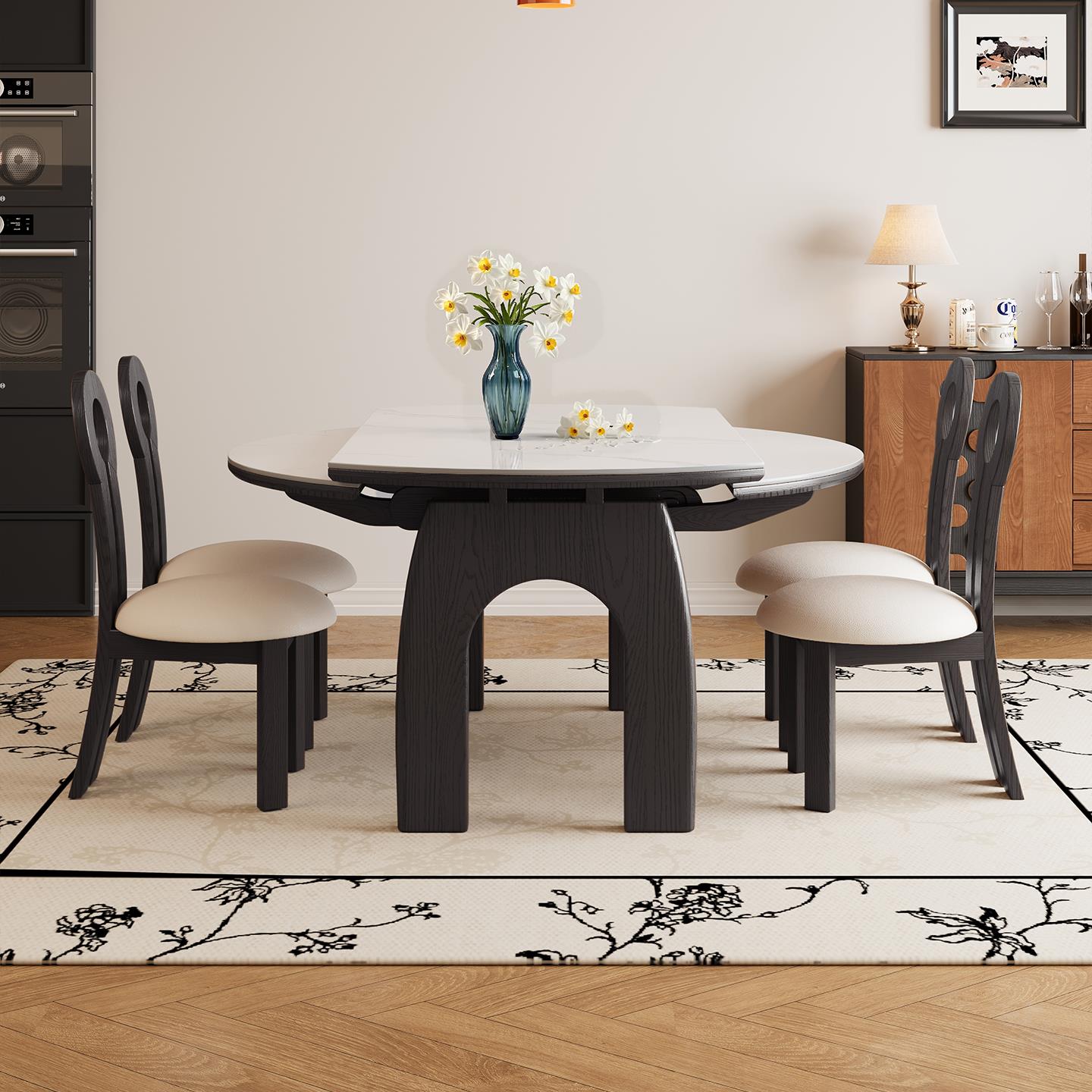 法式复古风可伸缩岩板餐桌椅组合小户型方可变圆桌家用实木吃饭桌