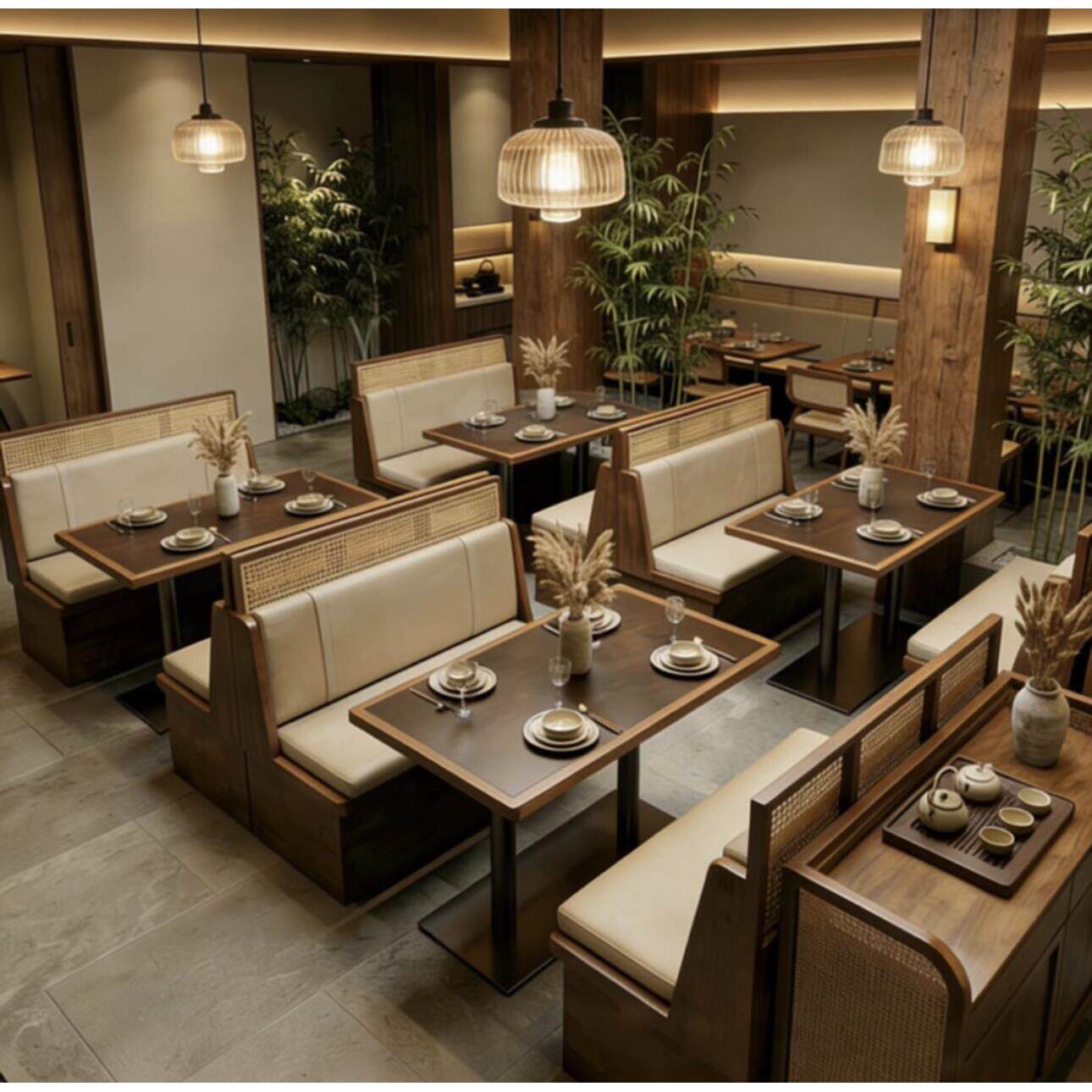 主题餐厅卡座沙发东南亚茶楼饭店烤肉店编藤靠墙卡座桌椅组合商用