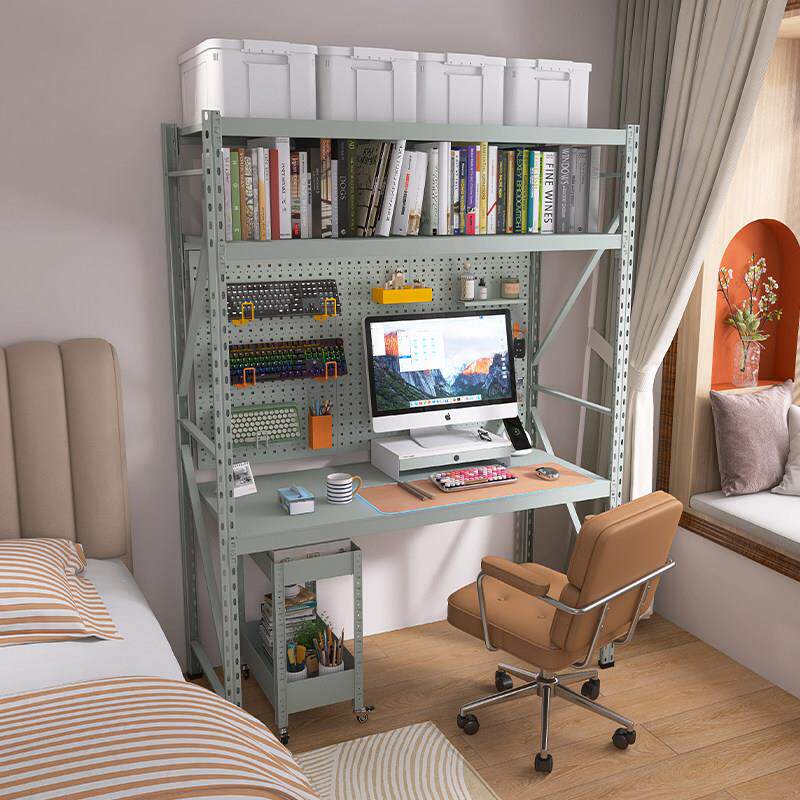 灰绿色洞洞板书桌电脑桌置物架书架一体靠墙卧室学生组合桌子