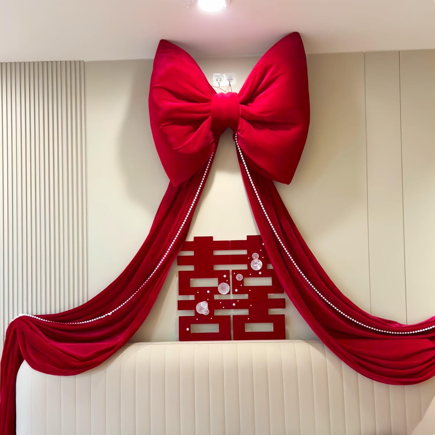 红丝绒蝴蝶结拉花婚房布置婚礼装饰订婚卧室背景墙贴创意婚庆用品