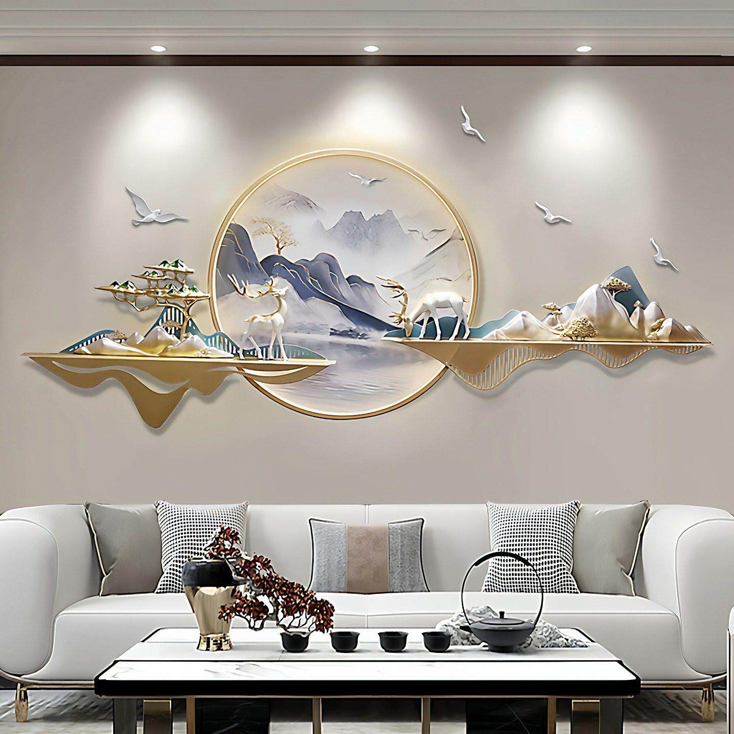 3d新中式挂画带灯光客厅装饰画沙发背景墙灯画大气玄关山水立体画