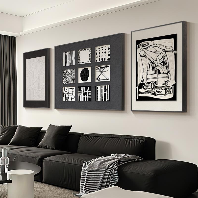 意式极简沙发背景墙挂画黑白抽象客厅装饰画现代艺术三联组合壁画