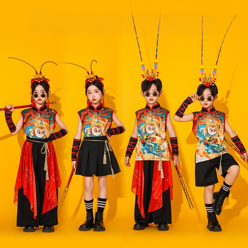 儿童中国风演出服男女童无袖立领悟空打鼓武术舞蹈国潮表演服套装