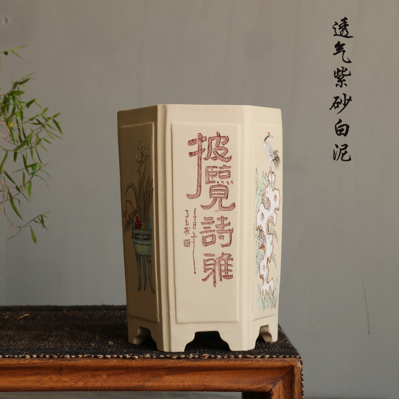 玲珑 案头清贡手工太湖石彩绘大号奎面白泥透气六方春寒建兰花盆