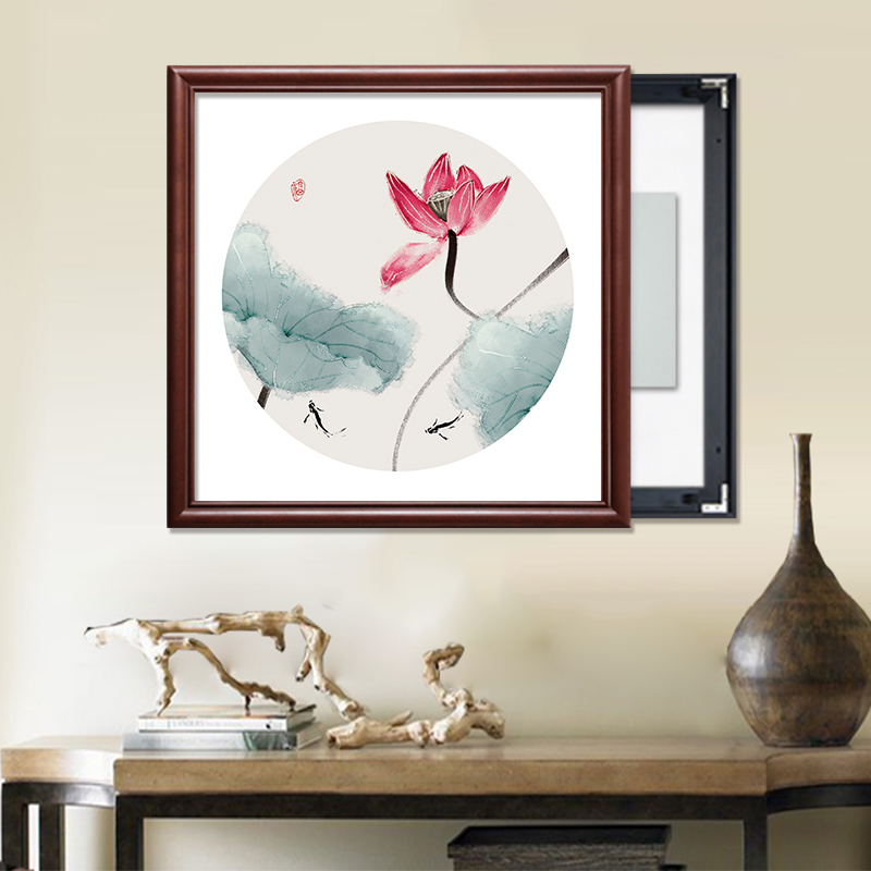 电表箱装饰画新中式免打孔遮挡电闸盒配电箱推拉轨道液压荷花挂画