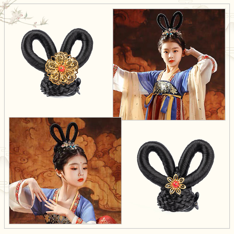 古装造型女童汉服假发古风仙女飞天抓夹发髻敦煌舞蹈演出假发头饰