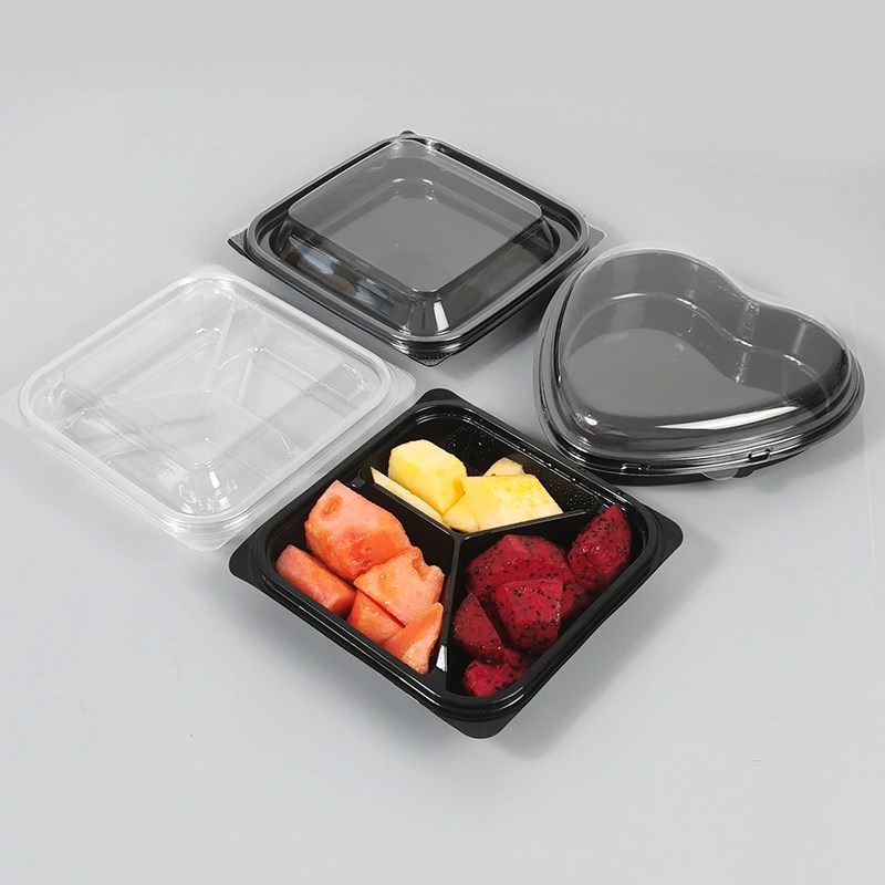 一次性水果盒爱心方形透明金色打包盒加厚带盖拼盘分格果切沙拉盒