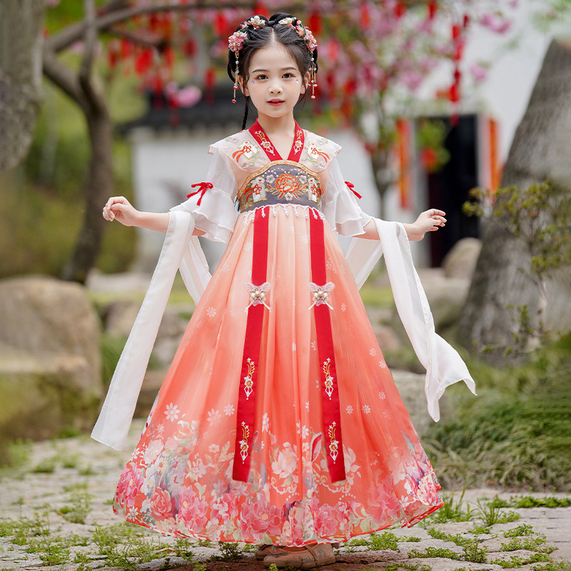国风汉服女童连衣裙2026新款夏季女孩裙子雪纺刺绣儿童唐装演出服