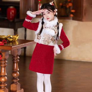 新中式冬装女童汉服加绒套装冬裙新年衣服拜冬年服喜庆风儿童唐装