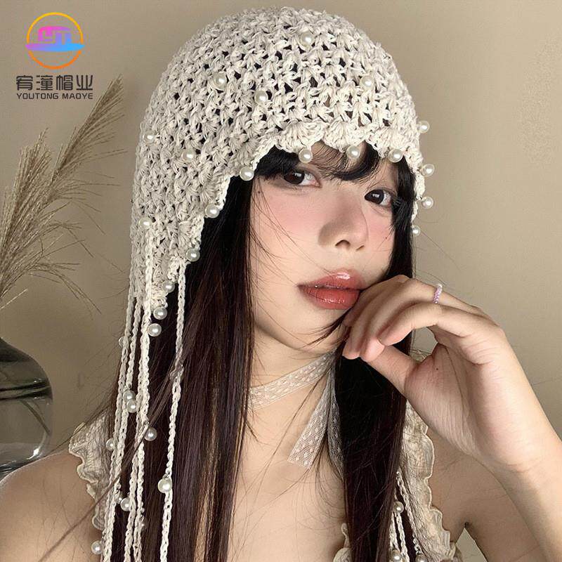 镂空珍珠流苏吊坠包头帽女夏季名族风针织套头帽复古显脸小帽子