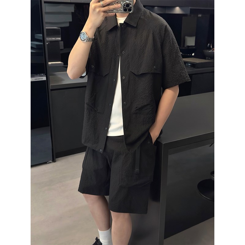 好货里奈男装夏季新款肌理感短袖衬衫男宽松休闲百搭短裤时尚两件