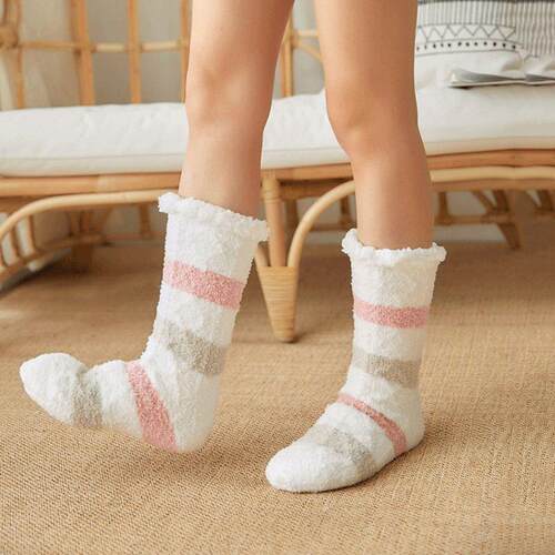 好货Soft Coral Fleece Fuzzy Socks For Women Gray Pink Stripe