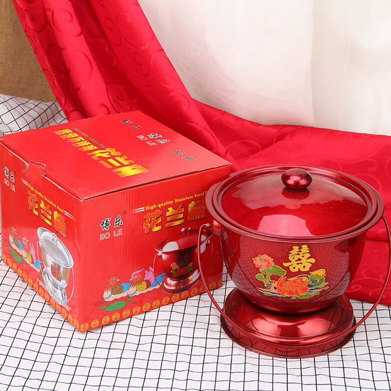 今生壹次结婚子孙桶女方陪嫁用的不锈钢喜桶婚庆用品大全红桶痰盂