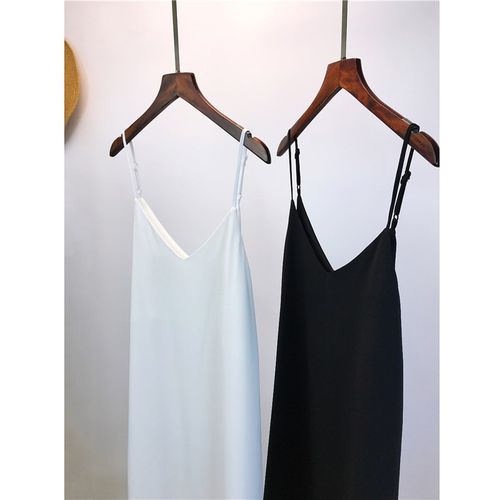 微透V领吊带裙防走光可单穿中长款细肩带A字宽松打底衬裙连衣裙女