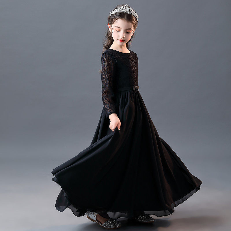 2021黑色长袖儿童女童长款演出礼服公主裙洋气走秀合唱钢琴演奏服
