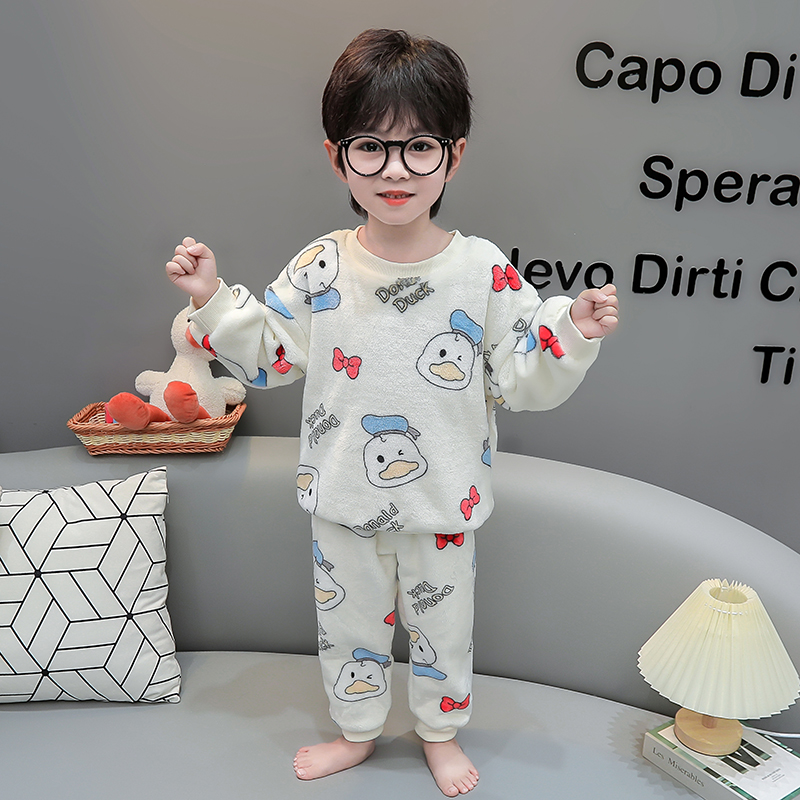 儿童法兰绒睡衣男童加厚男孩珊瑚绒女童宝宝家居服套装秋冬