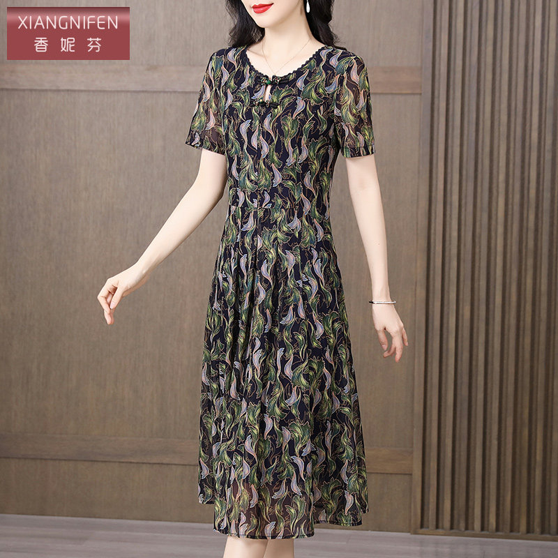 香妮芬遮肚子显瘦妈妈连衣裙夏装2025新款设计感修身网纱短袖裙子