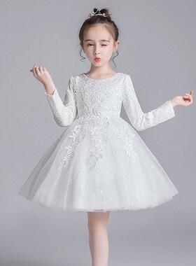 女童礼服裙子儿童连衣裙长袖春秋季中大童红色公主裙生日表演出服