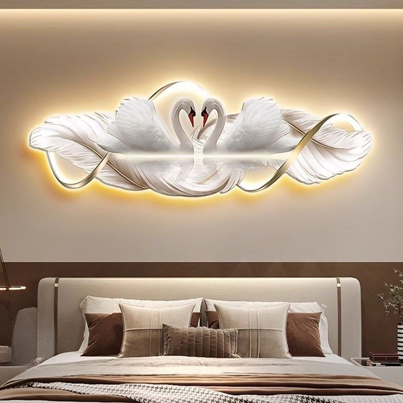 带灯天鹅主卧婚房卧室床头氛围灯画轻奢高级感装饰画羽毛客厅LED