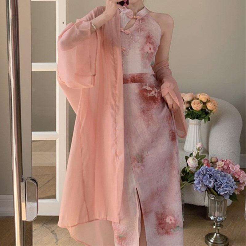 大码胖mm新中式国风盘扣挂脖收腰连衣裙开衫女显瘦开叉改良旗袍裙