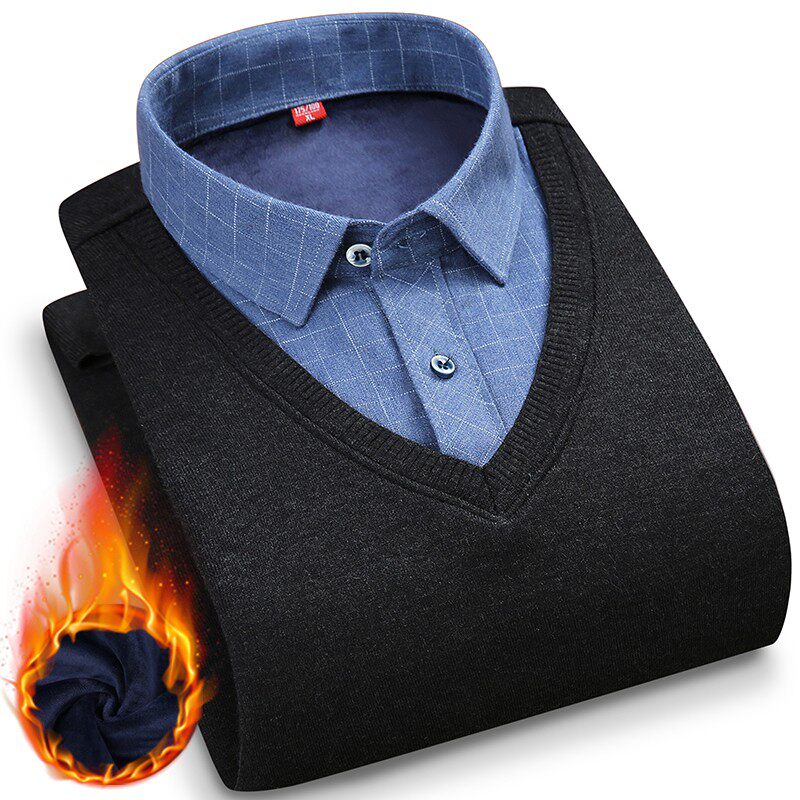 男士假两件保暖内衣上衣加绒加厚衬衫领针织衫男青年中年防寒衬衣