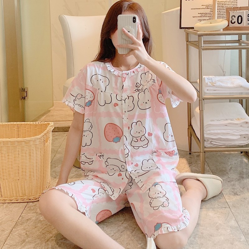 纯棉妈妈睡衣女夏短袖短裤棉布家居服全棉中老年套装薄款大码外穿