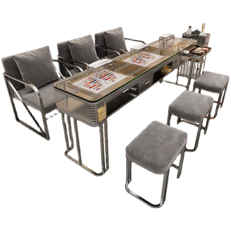 轻奢美甲桌椅套装单双三人美甲台全套玻璃网红大理石修甲桌双层款