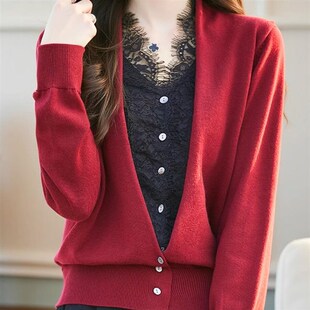 撞色拼接假两件羊毛开衫女长袖显瘦上衣气质蕾丝镂空毛衣V领外搭