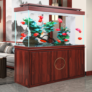 鱼缸客厅家用大型落地屏风玄关隔断柜底过滤超白玻璃金鱼缸 新中式