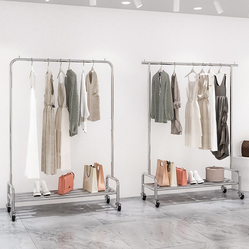 服装店挂衣架展示架不锈钢落地架室内移动晾衣架收纳架置物架带轮