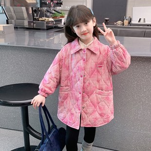 女童夹棉外套2024新款冬装儿童洋气时髦中长款加厚衬衫小女孩冬季