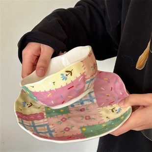 小众彩色拼布陶瓷餐具马克杯咖啡杯碟餐盘碗送人礼物 奶油甜甜圈