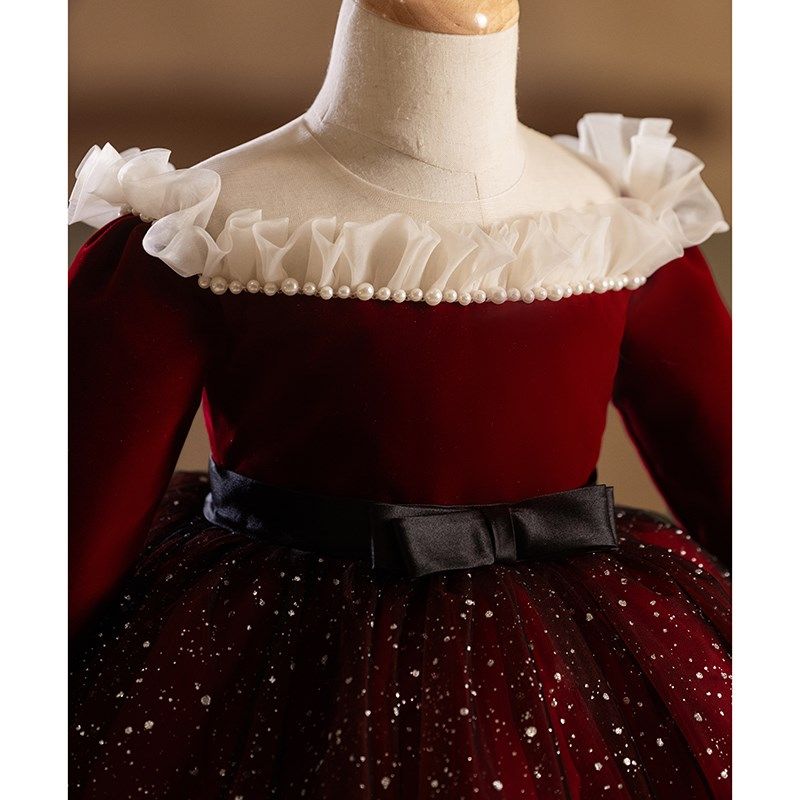 儿童礼服公主裙生日小礼服主持人钢琴演奏演出服女童礼服长袖红色