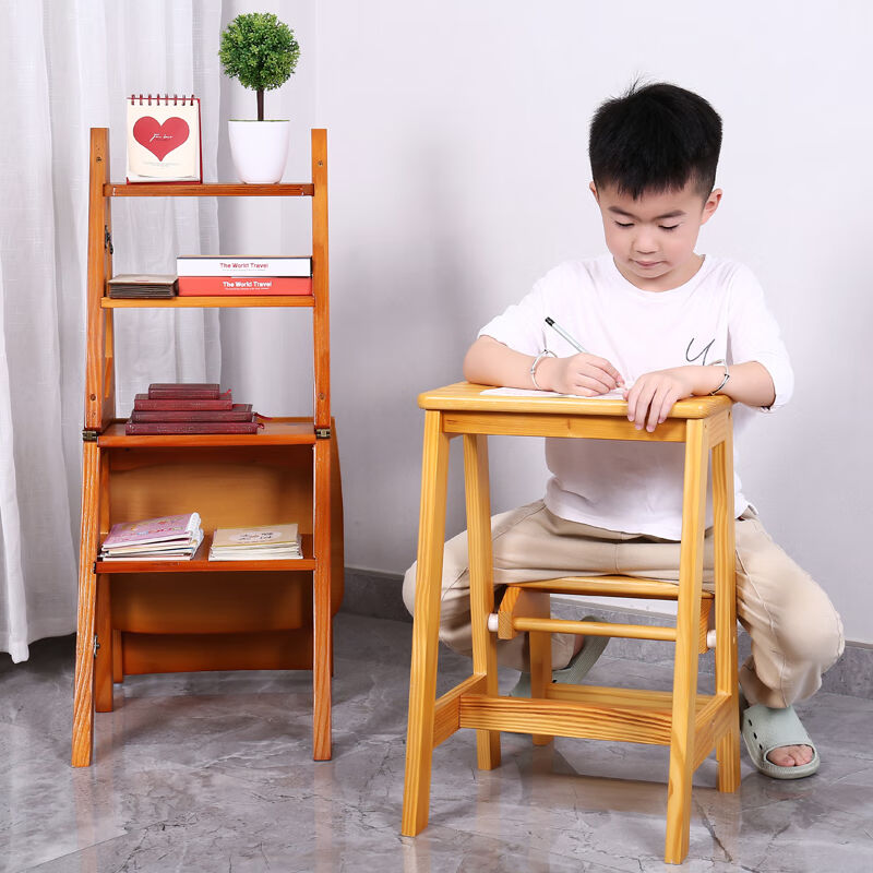 俱兢实木家用多功能摺叠梯椅人字梯椅子室内登高梯子两用四步梯凳